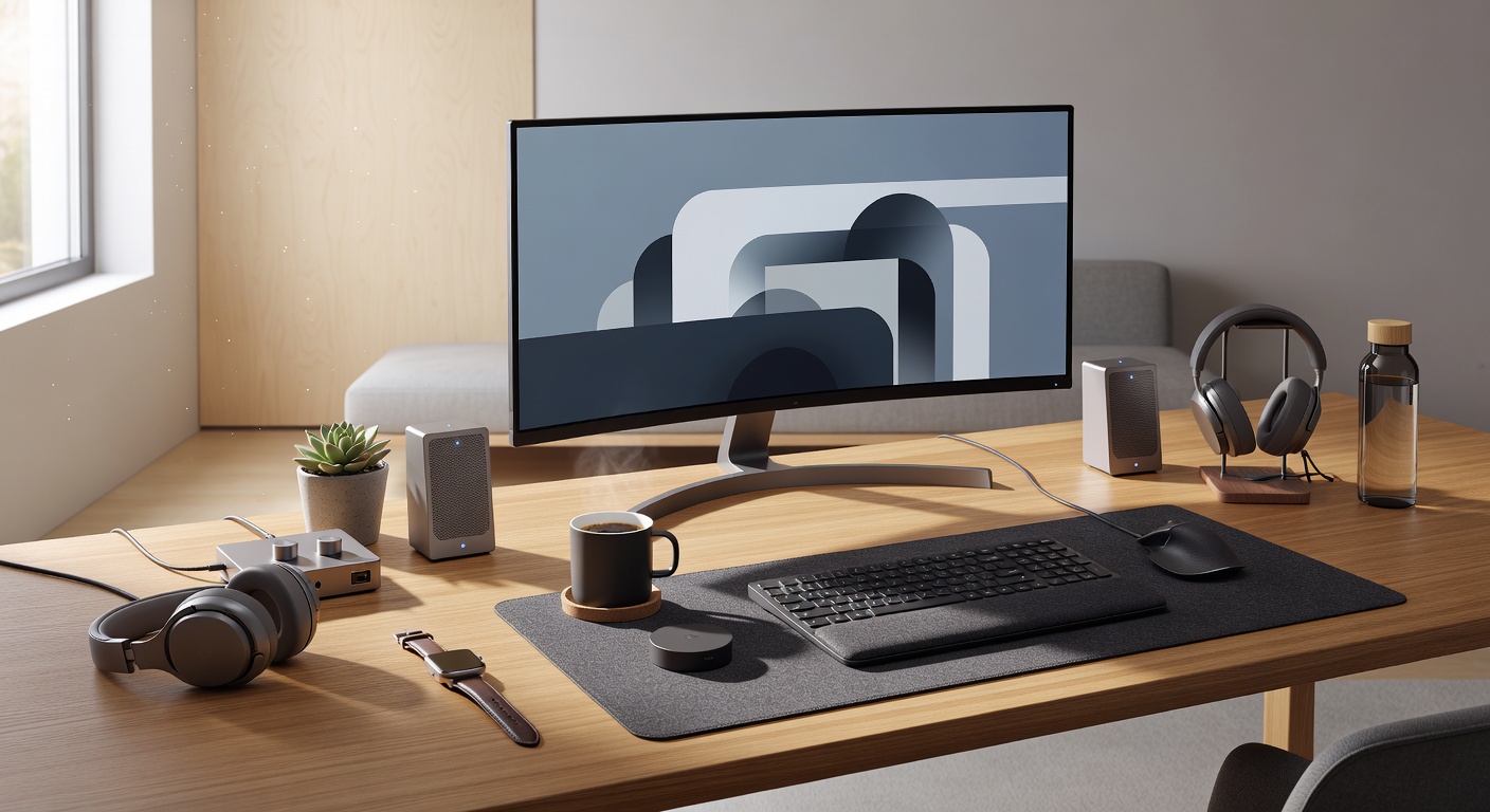 High-end tech workspace and lifestyle gadgets setup
