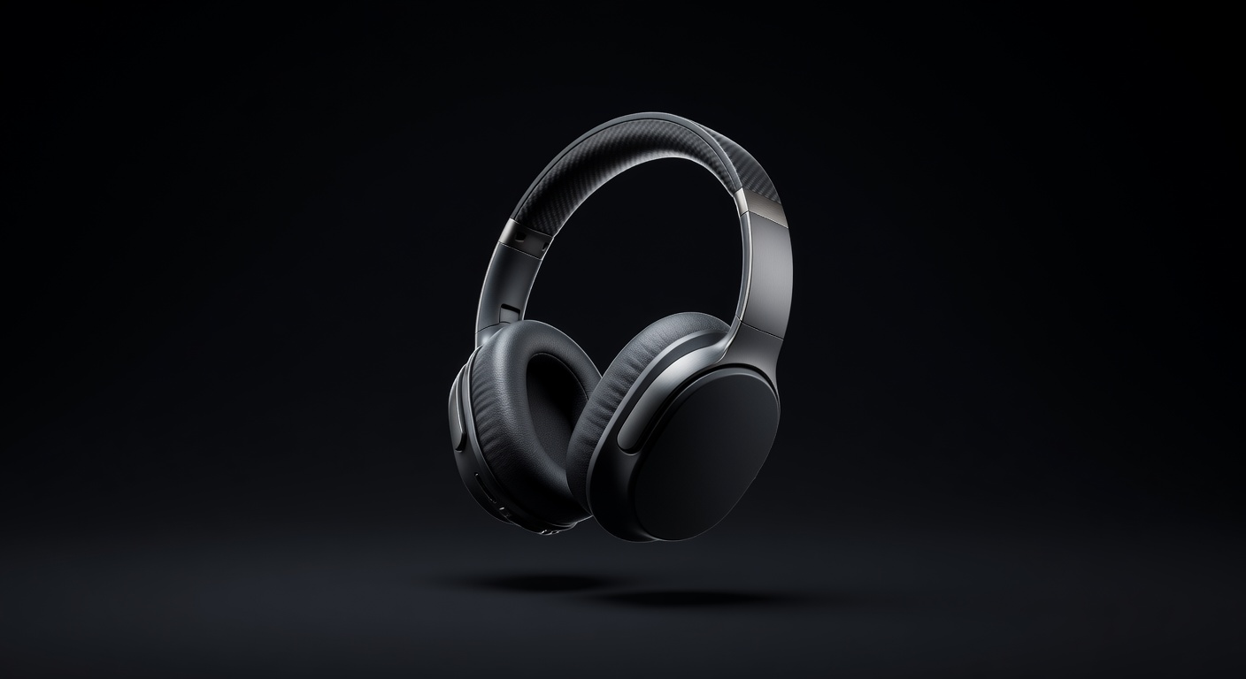 Premium dark wireless headphones floating over dark background